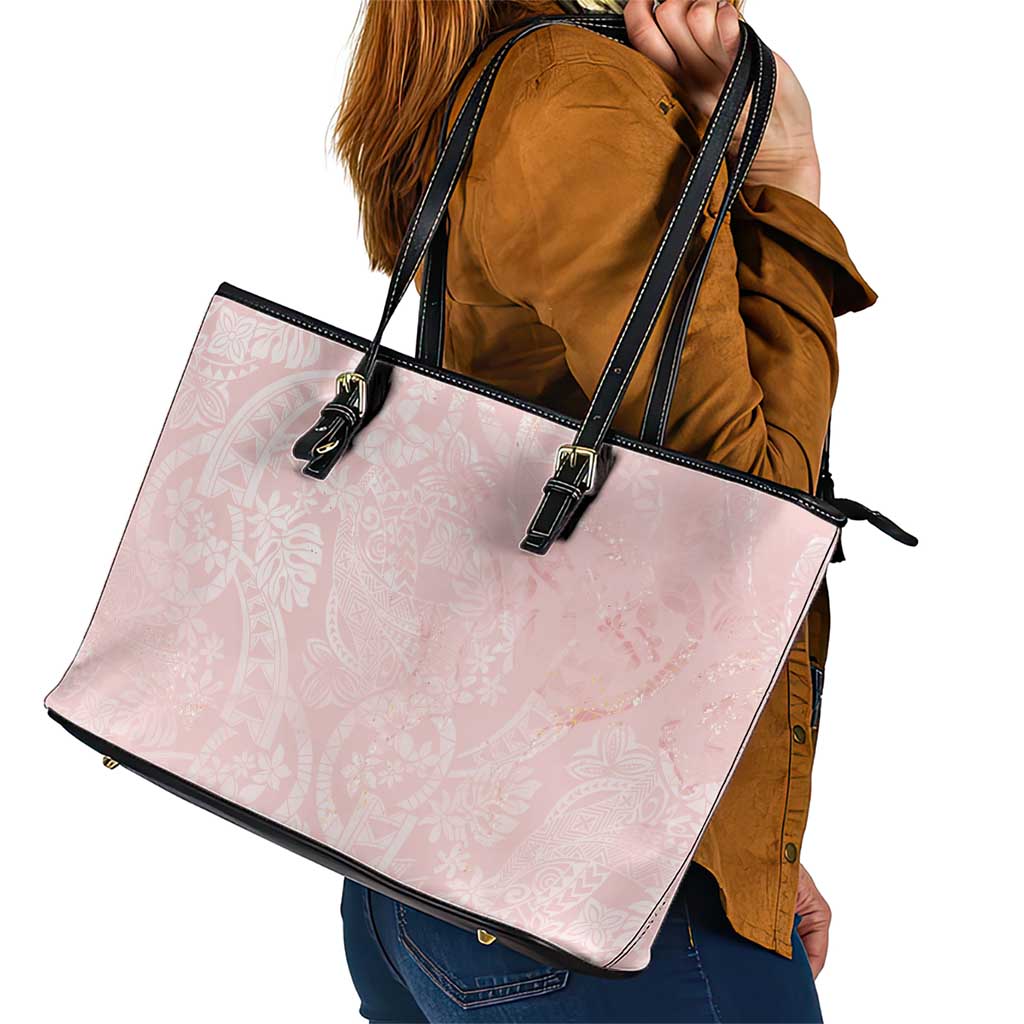 Polynesian Tiare Monstera Soft Pink Leather Tote Bag Liquid Style - Polynesian Pride