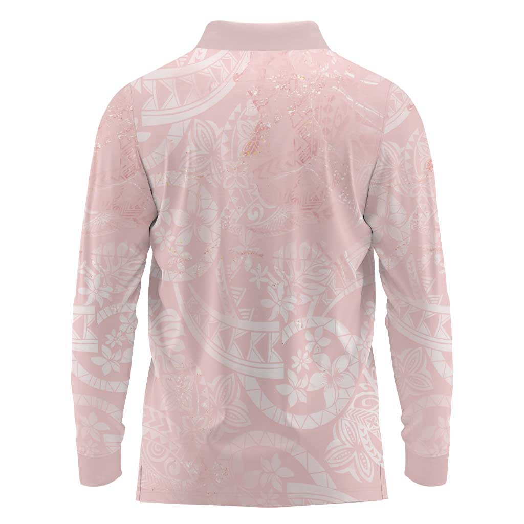 Polynesian Tiare Monstera Soft Pink Long Sleeve Polo Shirt Liquid Style LT01 - Polynesian Pride