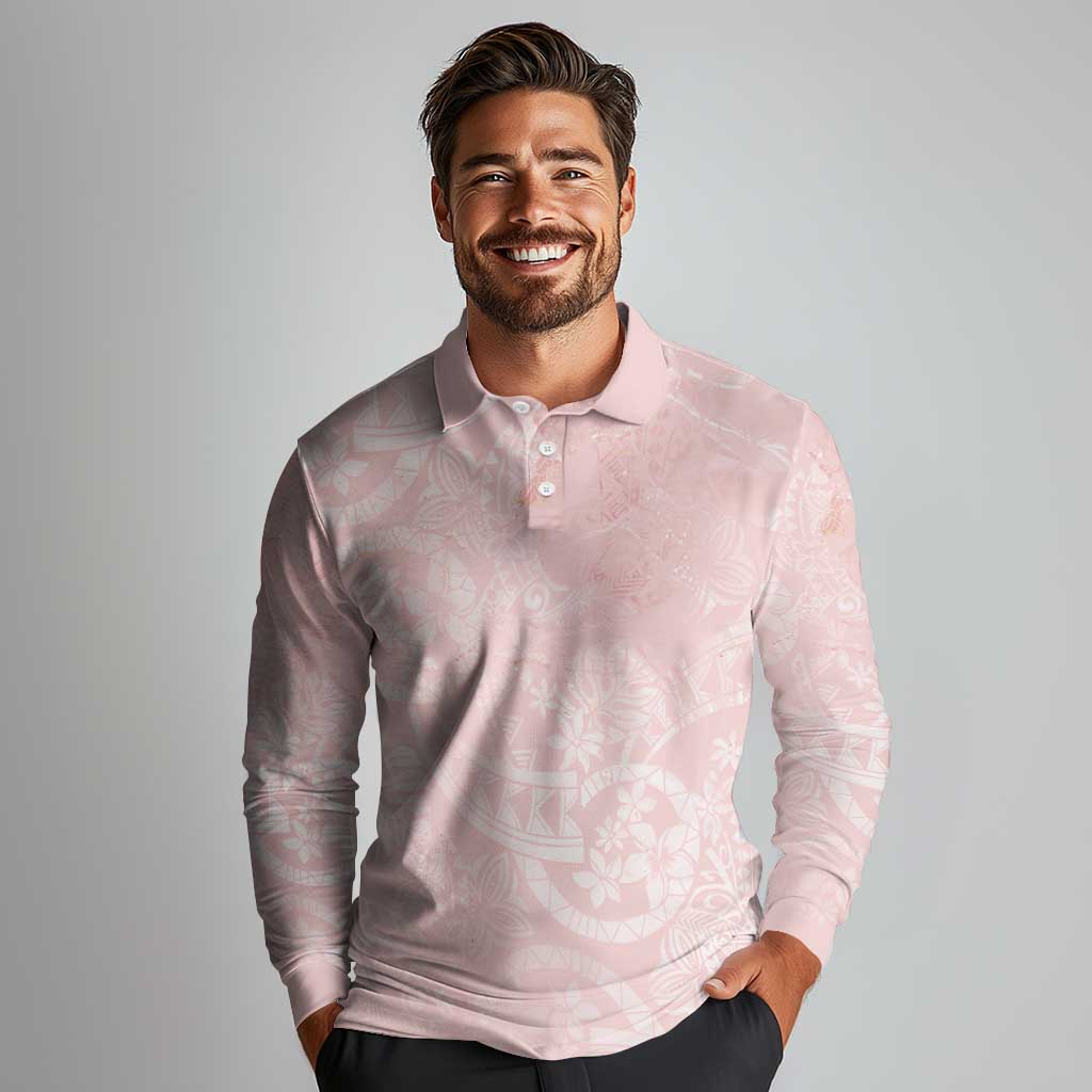 Polynesian Tiare Monstera Soft Pink Long Sleeve Polo Shirt Liquid Style LT01 - Polynesian Pride