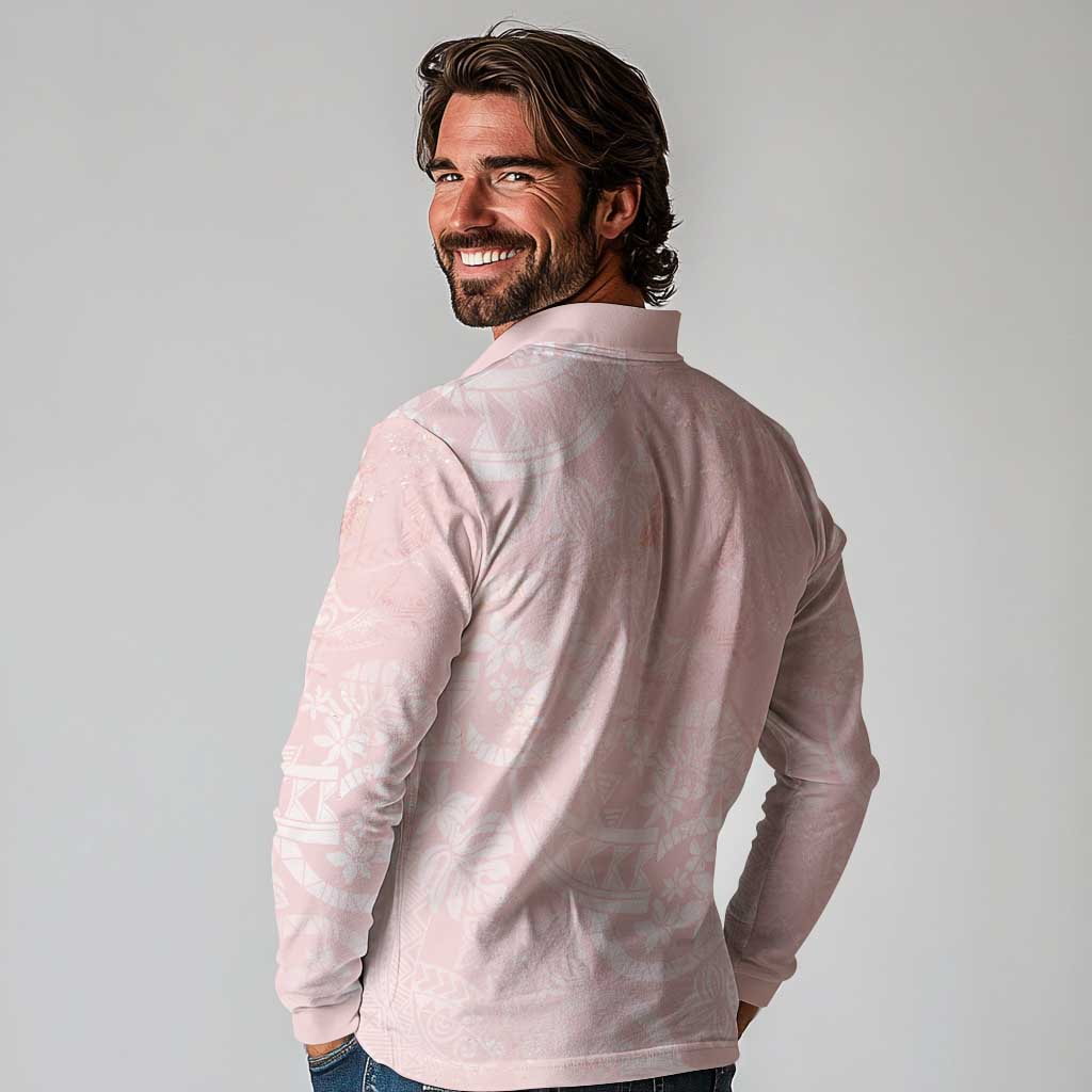 Polynesian Tiare Monstera Soft Pink Long Sleeve Polo Shirt Liquid Style LT01 - Polynesian Pride