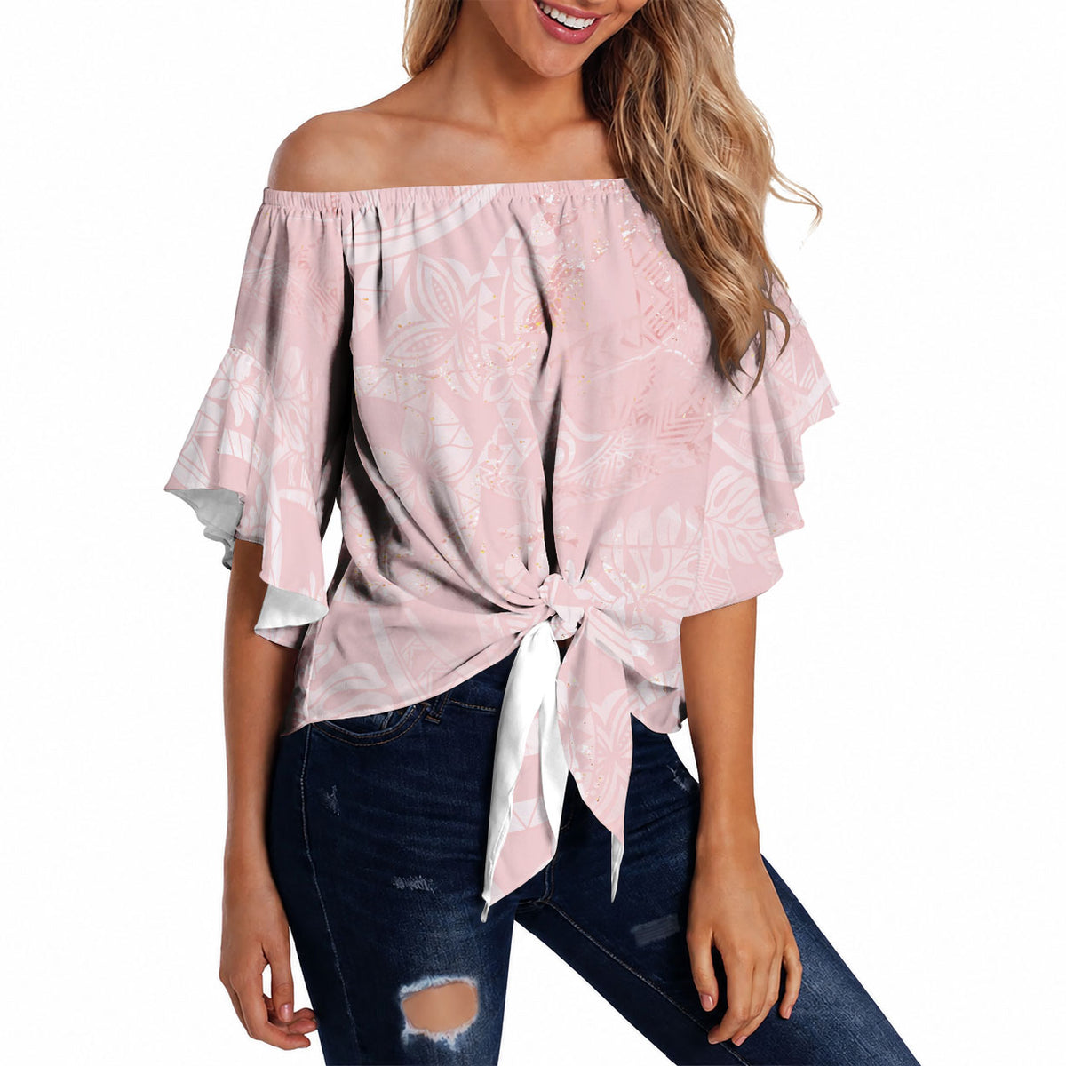 Polynesian Tiare Monstera Soft Pink Off Shoulder Wrap Waist Top Liquid Style LT01 - Polynesian Pride