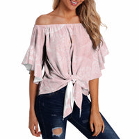 Polynesian Tiare Monstera Soft Pink Off Shoulder Wrap Waist Top Liquid Style LT01 - Polynesian Pride