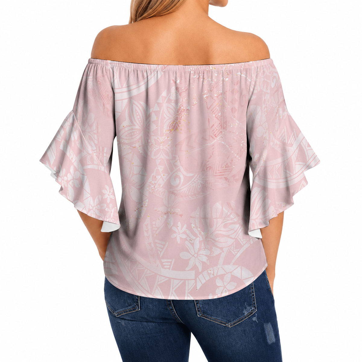 Polynesian Tiare Monstera Soft Pink Off Shoulder Wrap Waist Top Liquid Style LT01 - Polynesian Pride