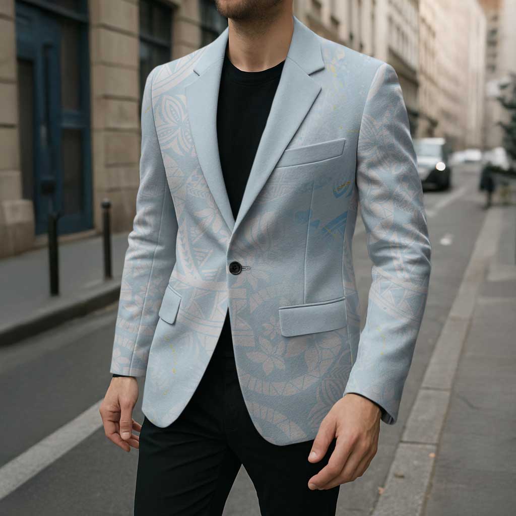 Polynesian Tiare Monstera Baby Blue Blazer Liquid Style - Polynesian Pride