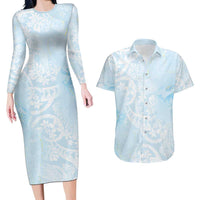 Polynesian Tiare Monstera Baby Blue Couples Matching Long Sleeve Bodycon Dress and Hawaiian Shirt Liquid Style LT01 Blue - Polynesian Pride