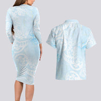 Polynesian Tiare Monstera Baby Blue Couples Matching Long Sleeve Bodycon Dress and Hawaiian Shirt Liquid Style LT01 - Polynesian Pride
