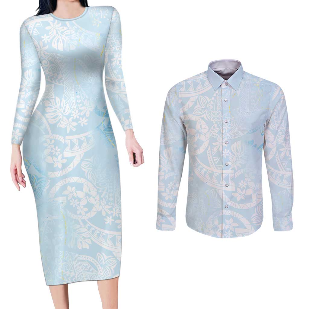 Polynesian Tiare Monstera Baby Blue Couples Matching Long Sleeve Bodycon Dress and Long Sleeve Button Shirt Liquid Style LT01 Blue - Polynesian Pride
