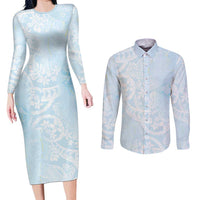 Polynesian Tiare Monstera Baby Blue Couples Matching Long Sleeve Bodycon Dress and Long Sleeve Button Shirt Liquid Style LT01 Blue - Polynesian Pride
