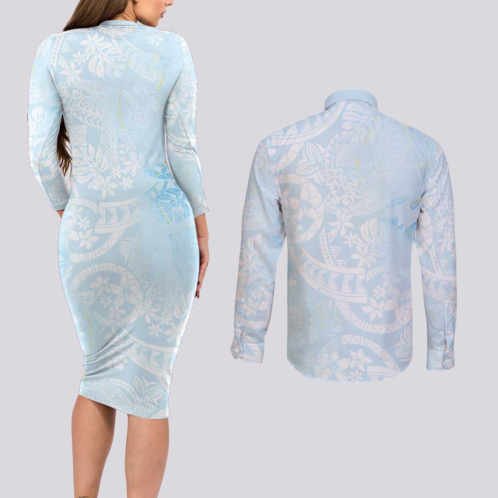 Polynesian Tiare Monstera Baby Blue Couples Matching Long Sleeve Bodycon Dress and Long Sleeve Button Shirt Liquid Style LT01 - Polynesian Pride