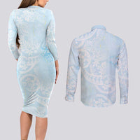 Polynesian Tiare Monstera Baby Blue Couples Matching Long Sleeve Bodycon Dress and Long Sleeve Button Shirt Liquid Style LT01 - Polynesian Pride