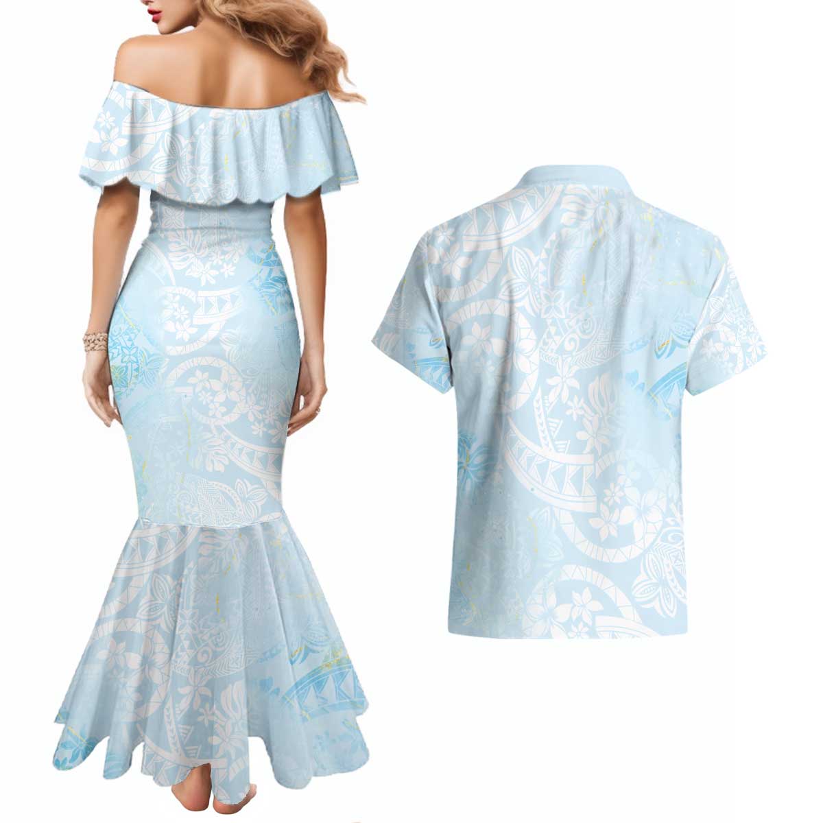 Polynesian Tiare Monstera Baby Blue Couples Matching Mermaid Dress and Hawaiian Shirt Liquid Style LT01 - Polynesian Pride