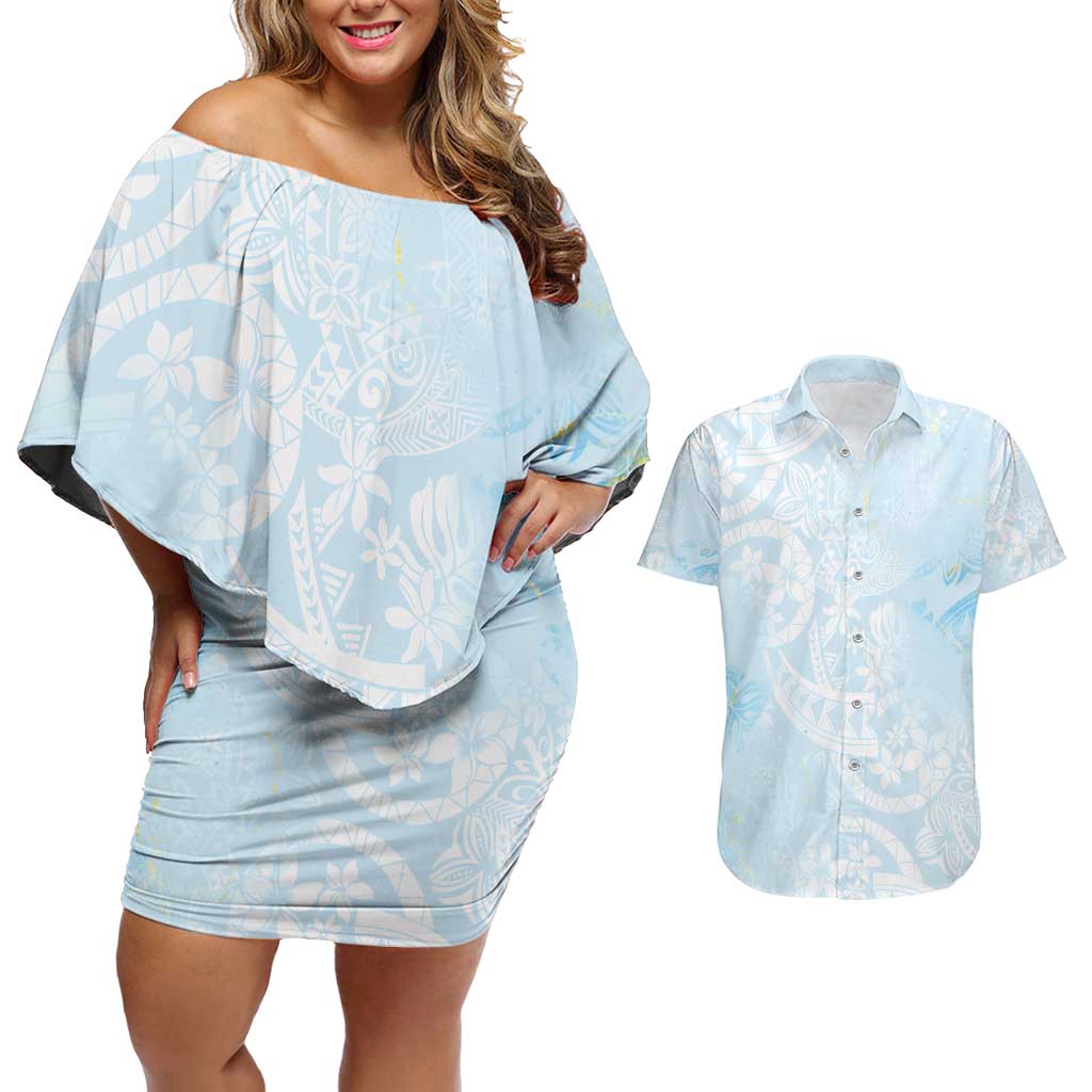 Polynesian Tiare Monstera Baby Blue Couples Matching Off Shoulder Short Dress and Hawaiian Shirt Liquid Style LT01 Blue - Polynesian Pride