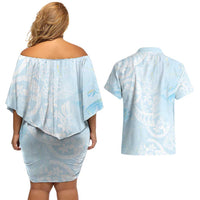 Polynesian Tiare Monstera Baby Blue Couples Matching Off Shoulder Short Dress and Hawaiian Shirt Liquid Style LT01 - Polynesian Pride
