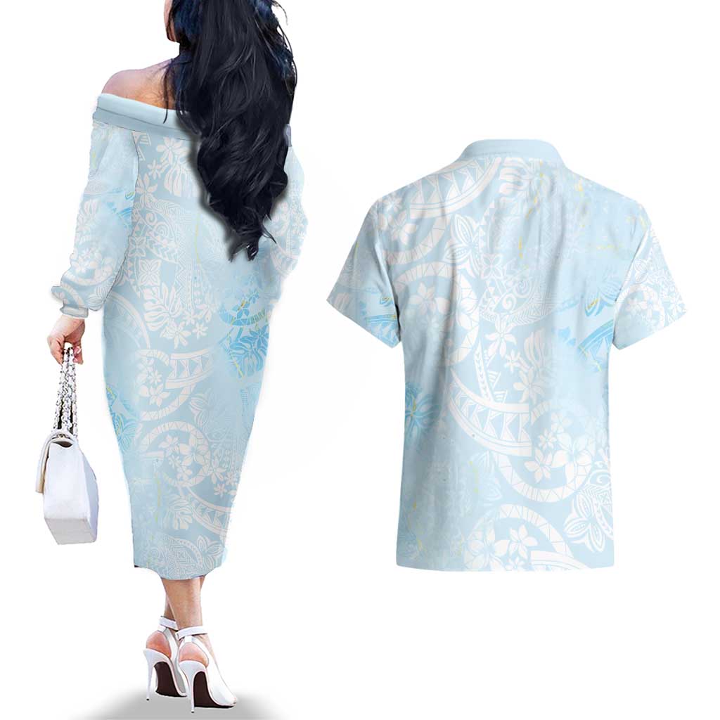 Polynesian Tiare Monstera Baby Blue Couples Matching Off The Shoulder Long Sleeve Dress and Hawaiian Shirt Liquid Style LT01 - Polynesian Pride