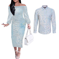 Polynesian Tiare Monstera Baby Blue Couples Matching Off The Shoulder Long Sleeve Dress and Long Sleeve Button Shirt Liquid Style LT01 Blue - Polynesian Pride