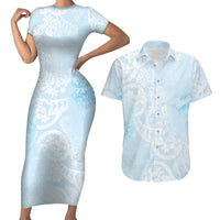 Polynesian Tiare Monstera Baby Blue Couples Matching Short Sleeve Bodycon Dress and Hawaiian Shirt Liquid Style LT01 Blue - Polynesian Pride