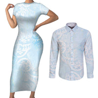 Polynesian Tiare Monstera Baby Blue Couples Matching Short Sleeve Bodycon Dress and Long Sleeve Button Shirt Liquid Style LT01 Blue - Polynesian Pride