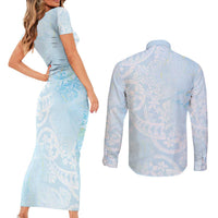 Polynesian Tiare Monstera Baby Blue Couples Matching Short Sleeve Bodycon Dress and Long Sleeve Button Shirt Liquid Style LT01 - Polynesian Pride