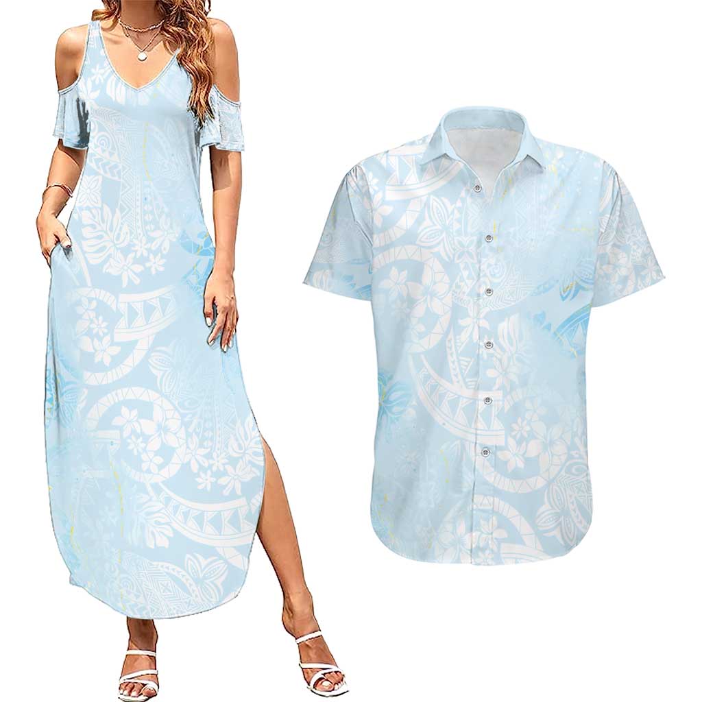 Polynesian Tiare Monstera Baby Blue Couples Matching Summer Maxi Dress and Hawaiian Shirt Liquid Style LT01 Blue - Polynesian Pride