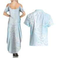 Polynesian Tiare Monstera Baby Blue Couples Matching Summer Maxi Dress and Hawaiian Shirt Liquid Style LT01 - Polynesian Pride