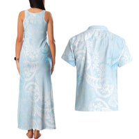 Polynesian Tiare Monstera Baby Blue Couples Matching Tank Maxi Dress and Hawaiian Shirt Liquid Style LT01 - Polynesian Pride