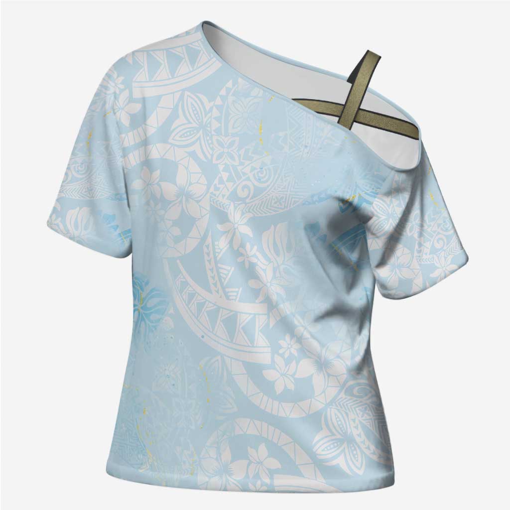 Polynesian Tiare Monstera Baby Blue Cross Shoulder Shirt Liquid Style LT01 Female Blue - Polynesian Pride