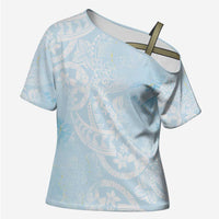 Polynesian Tiare Monstera Baby Blue Cross Shoulder Shirt Liquid Style LT01 Female Blue - Polynesian Pride
