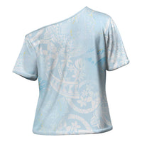Polynesian Tiare Monstera Baby Blue Cross Shoulder Shirt Liquid Style LT01 - Polynesian Pride