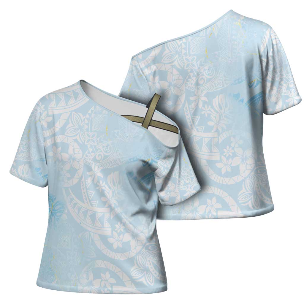 Polynesian Tiare Monstera Baby Blue Cross Shoulder Shirt Liquid Style LT01 - Polynesian Pride