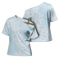 Polynesian Tiare Monstera Baby Blue Cross Shoulder Shirt Liquid Style LT01 - Polynesian Pride