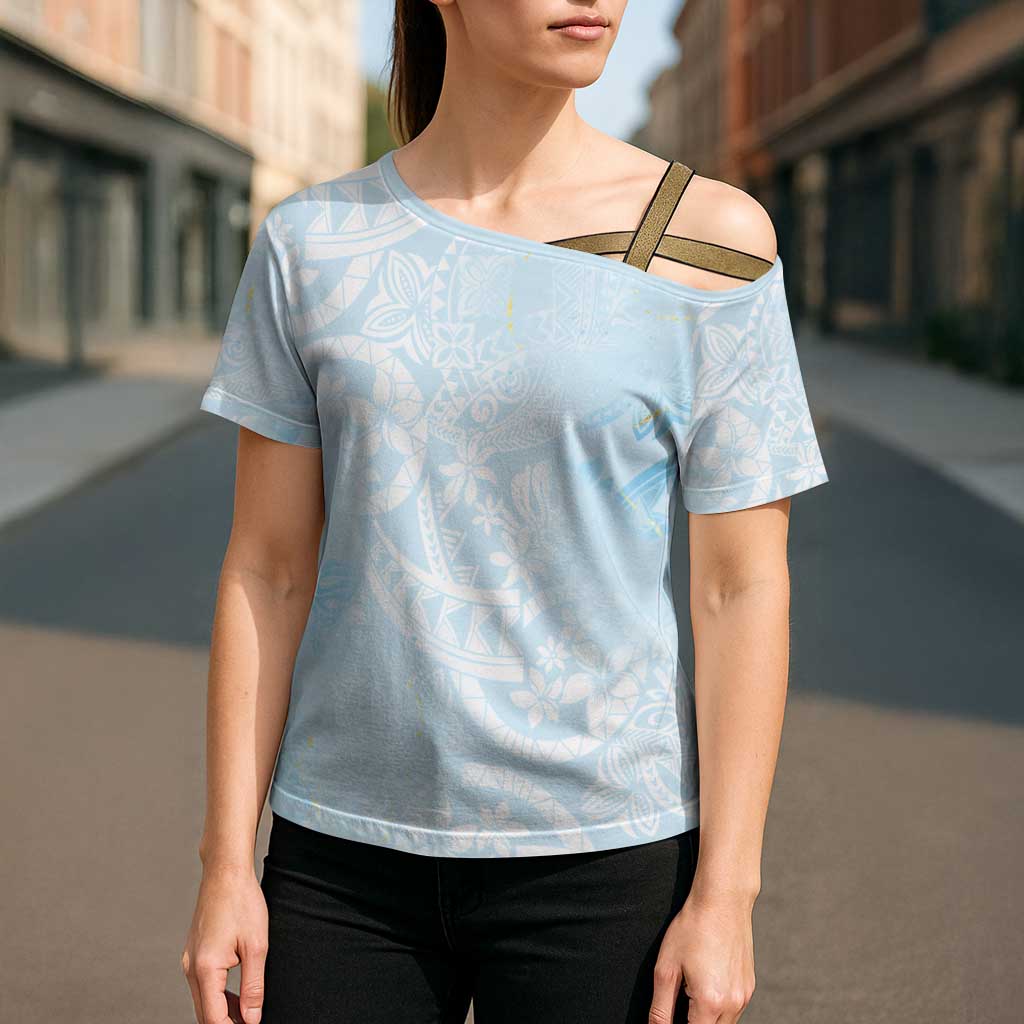 Polynesian Tiare Monstera Baby Blue Cross Shoulder Shirt Liquid Style LT01 - Polynesian Pride