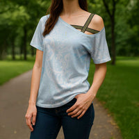 Polynesian Tiare Monstera Baby Blue Cross Shoulder Shirt Liquid Style LT01 - Polynesian Pride