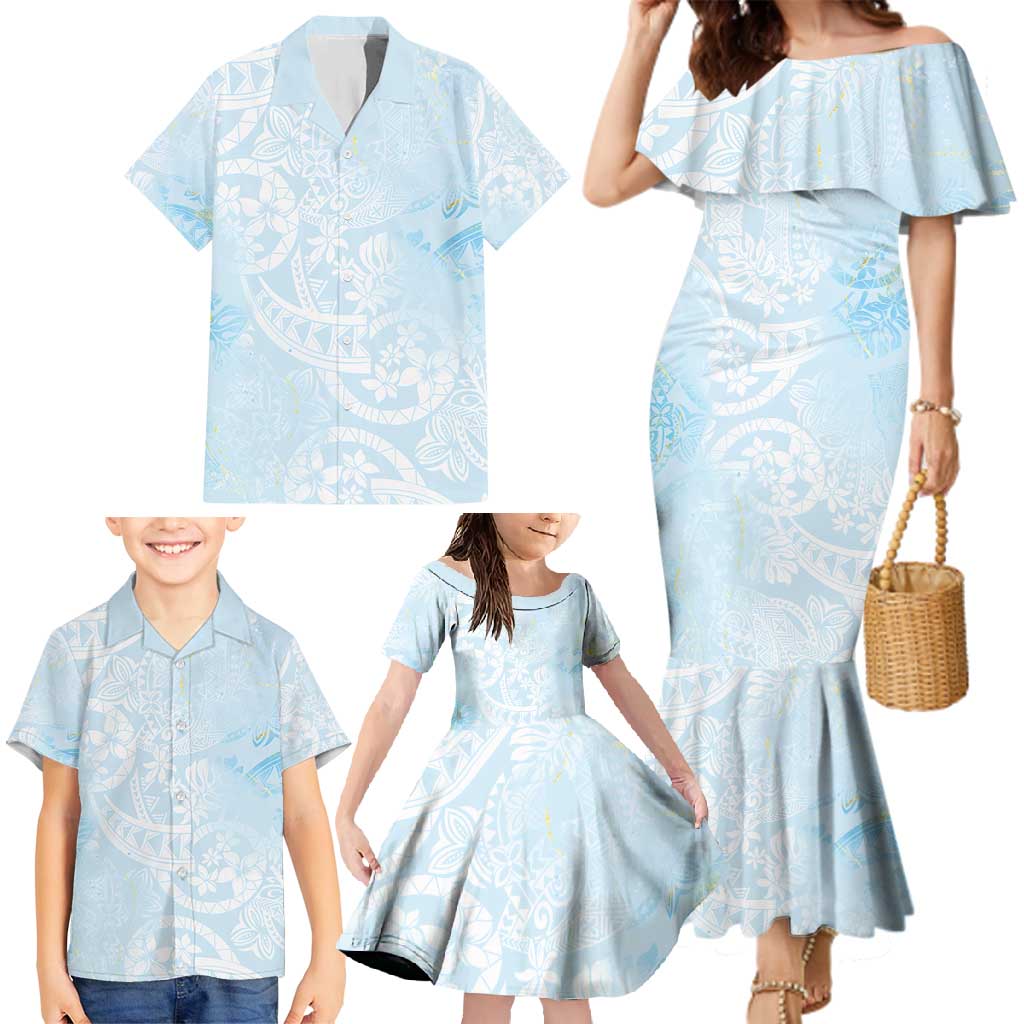 Polynesian Tiare Monstera Baby Blue Family Matching Mermaid Dress and Hawaiian Shirt Liquid Style LT01 - Polynesian Pride