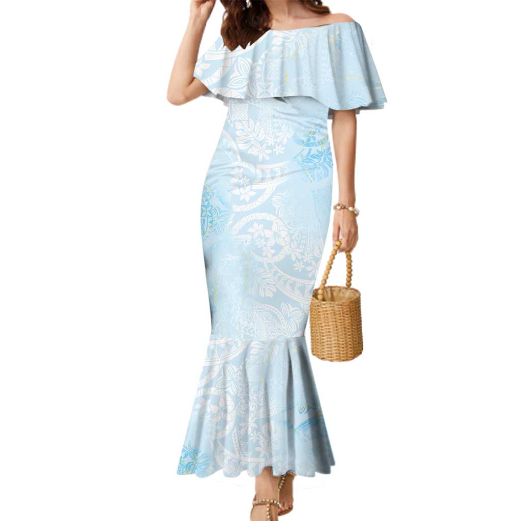 Polynesian Tiare Monstera Baby Blue Family Matching Mermaid Dress and Hawaiian Shirt Liquid Style LT01 Mom's Dress Blue - Polynesian Pride
