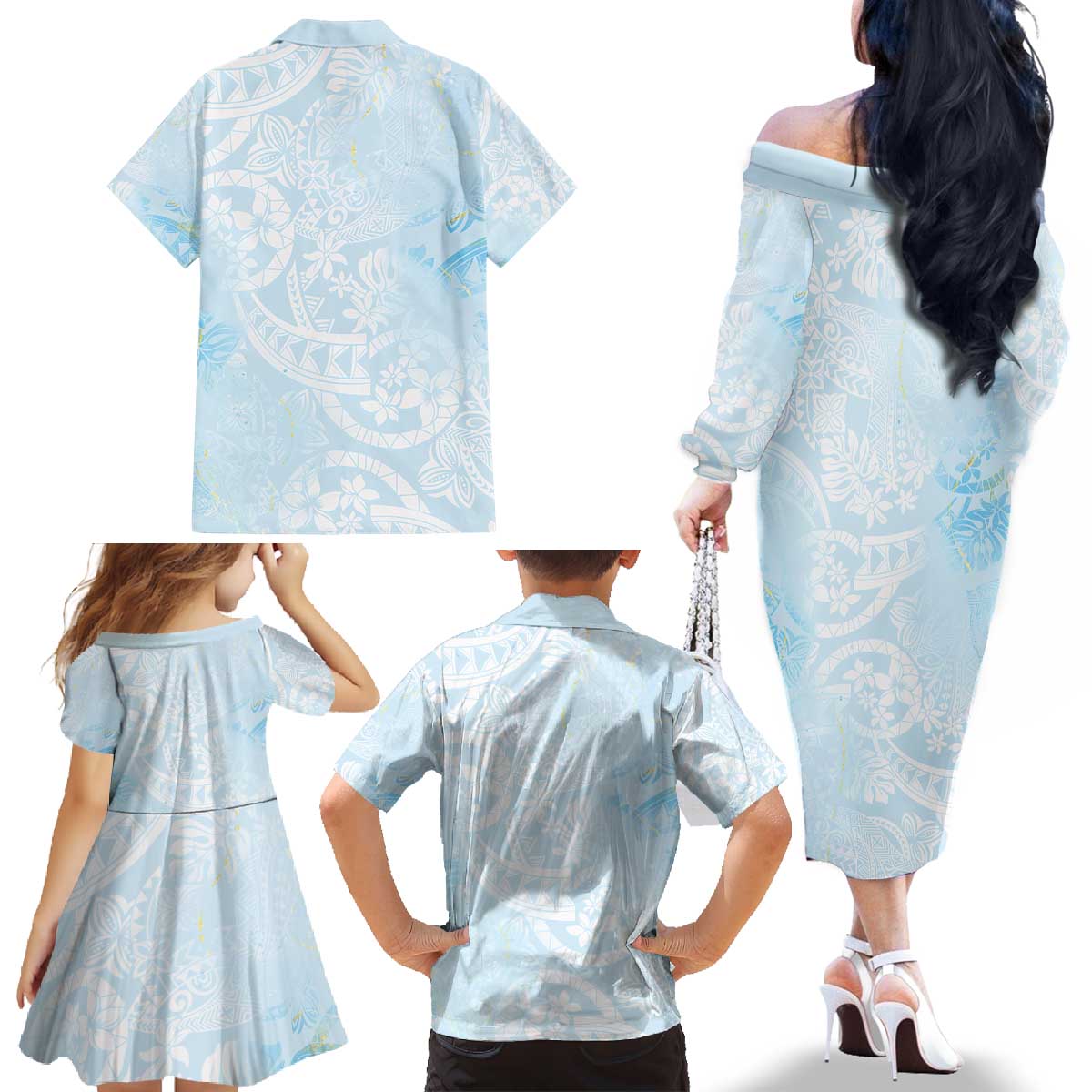 Polynesian Tiare Monstera Baby Blue Family Matching Off The Shoulder Long Sleeve Dress and Hawaiian Shirt Liquid Style LT01 - Polynesian Pride