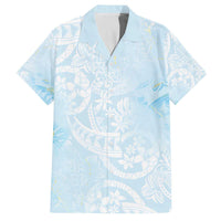 Polynesian Tiare Monstera Baby Blue Family Matching Off The Shoulder Long Sleeve Dress and Hawaiian Shirt Liquid Style LT01 Dad's Shirt - Short Sleeve Blue - Polynesian Pride