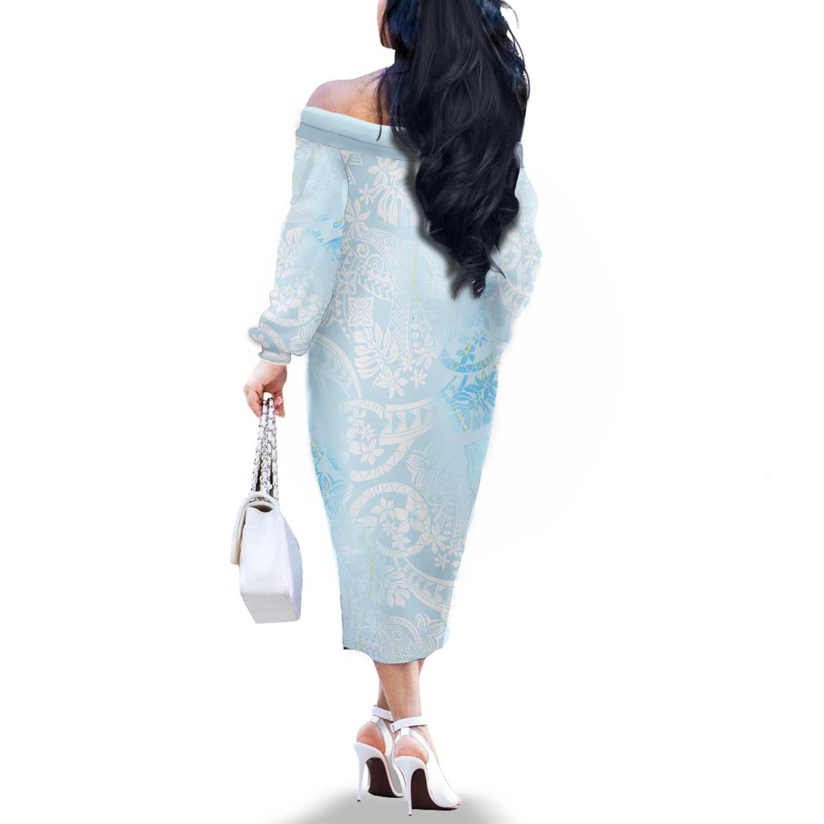 Polynesian Tiare Monstera Baby Blue Family Matching Off The Shoulder Long Sleeve Dress and Hawaiian Shirt Liquid Style LT01 - Polynesian Pride