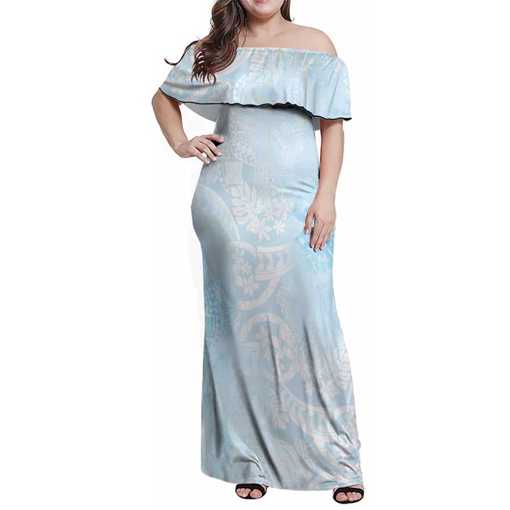 Polynesian Tiare Monstera Baby Blue Family Matching Off Shoulder Maxi Dress and Hawaiian Shirt Liquid Style LT01 Mom's Dress Blue - Polynesian Pride