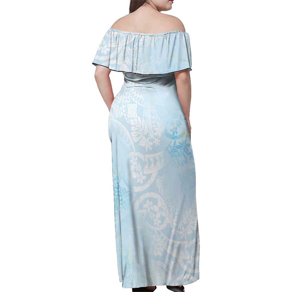 Polynesian Tiare Monstera Baby Blue Family Matching Off Shoulder Maxi Dress and Hawaiian Shirt Liquid Style LT01 - Polynesian Pride