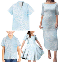 Polynesian Tiare Monstera Baby Blue Family Matching Puletasi and Hawaiian Shirt Liquid Style LT01 - Polynesian Pride