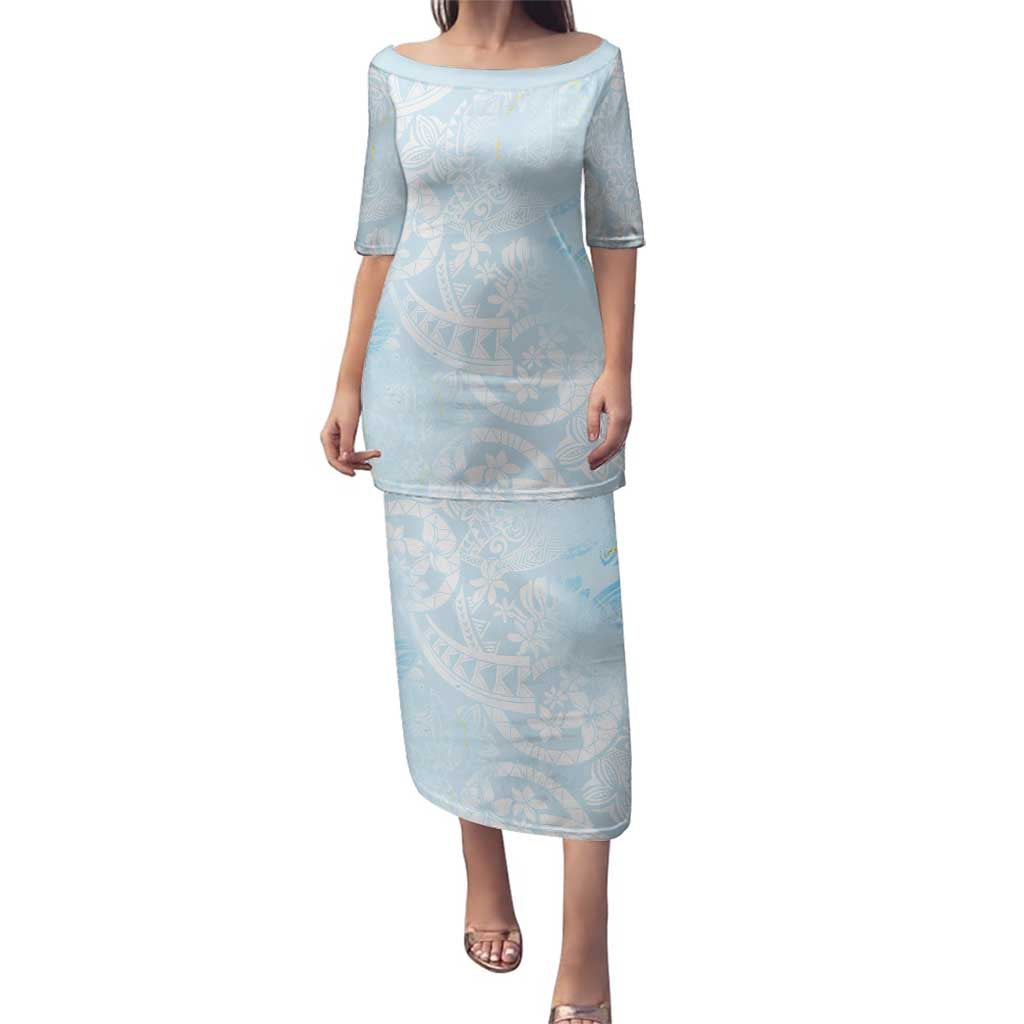 Polynesian Tiare Monstera Baby Blue Family Matching Puletasi and Hawaiian Shirt Liquid Style LT01 Mom's Dress Blue - Polynesian Pride
