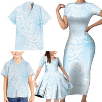 Polynesian Tiare Monstera Baby Blue Family Matching Short Sleeve Bodycon Dress and Hawaiian Shirt Liquid Style LT01 - Polynesian Pride