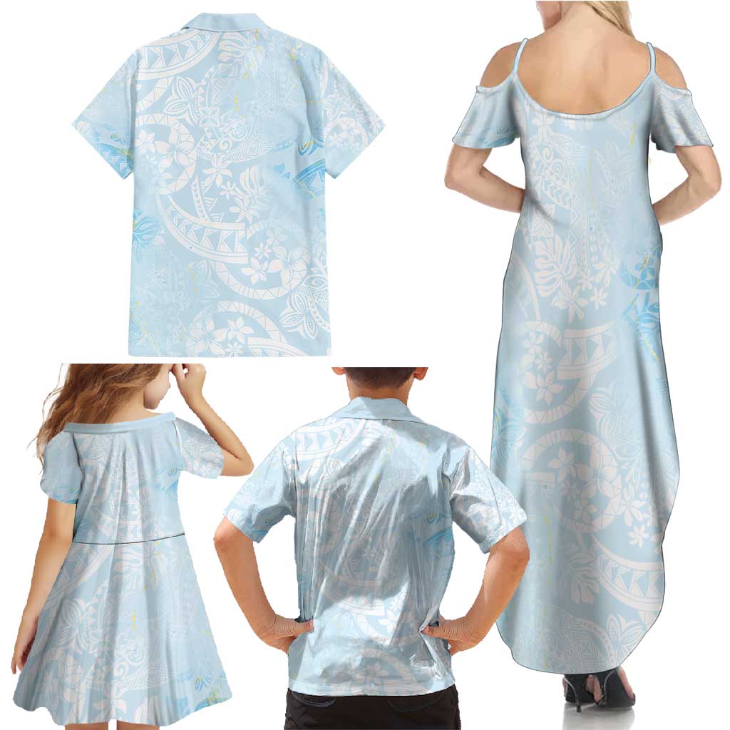 Polynesian Tiare Monstera Baby Blue Family Matching Summer Maxi Dress and Hawaiian Shirt Liquid Style LT01 - Polynesian Pride
