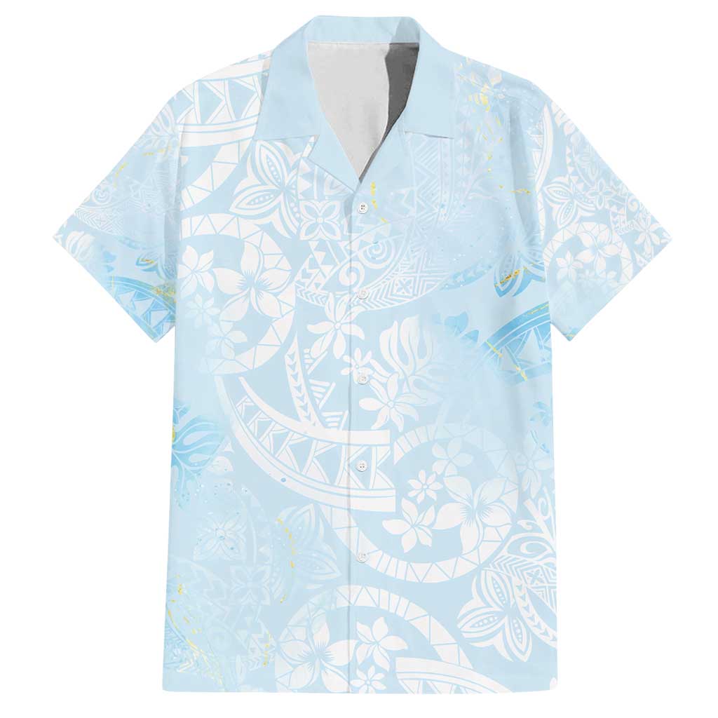 Polynesian Tiare Monstera Baby Blue Family Matching Summer Maxi Dress and Hawaiian Shirt Liquid Style LT01 Dad's Shirt - Short Sleeve Blue - Polynesian Pride