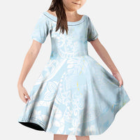 Polynesian Tiare Monstera Baby Blue Kid Short Sleeve Dress Liquid Style LT01 KID Blue - Polynesian Pride