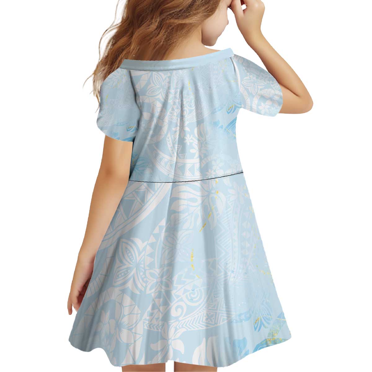 Polynesian Tiare Monstera Baby Blue Kid Short Sleeve Dress Liquid Style LT01 - Polynesian Pride