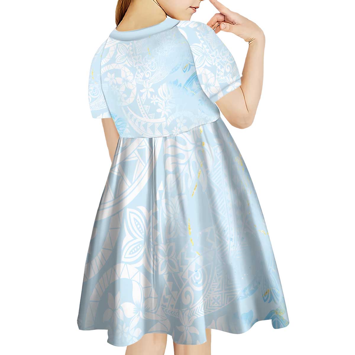 Polynesian Tiare Monstera Baby Blue Kid Short Sleeve Dress Liquid Style LT01 - Polynesian Pride