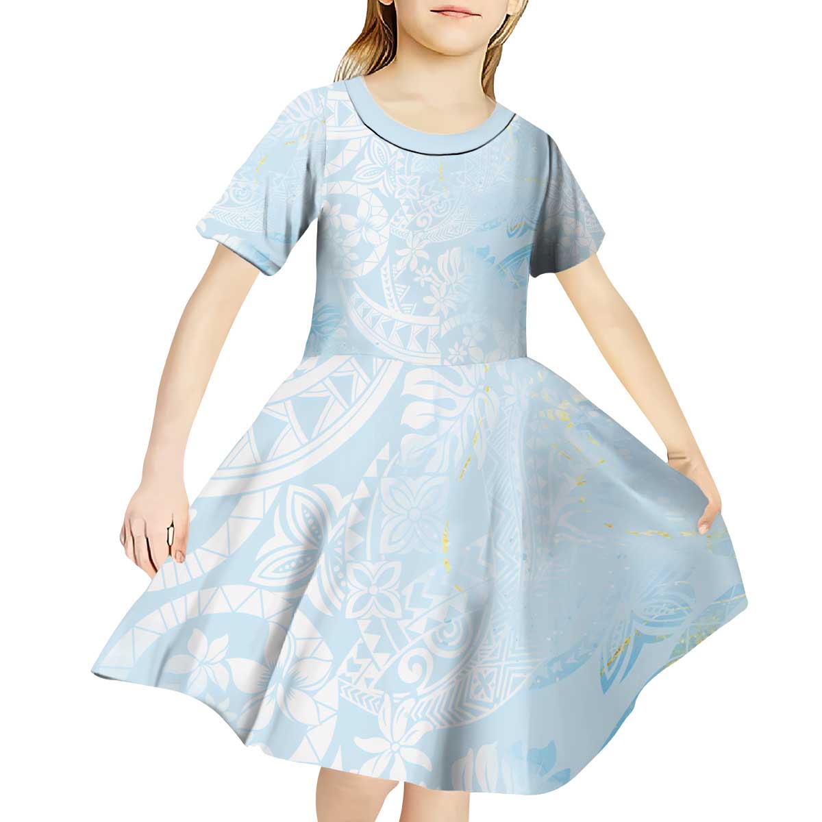 Polynesian Tiare Monstera Baby Blue Kid Short Sleeve Dress Liquid Style LT01 - Polynesian Pride