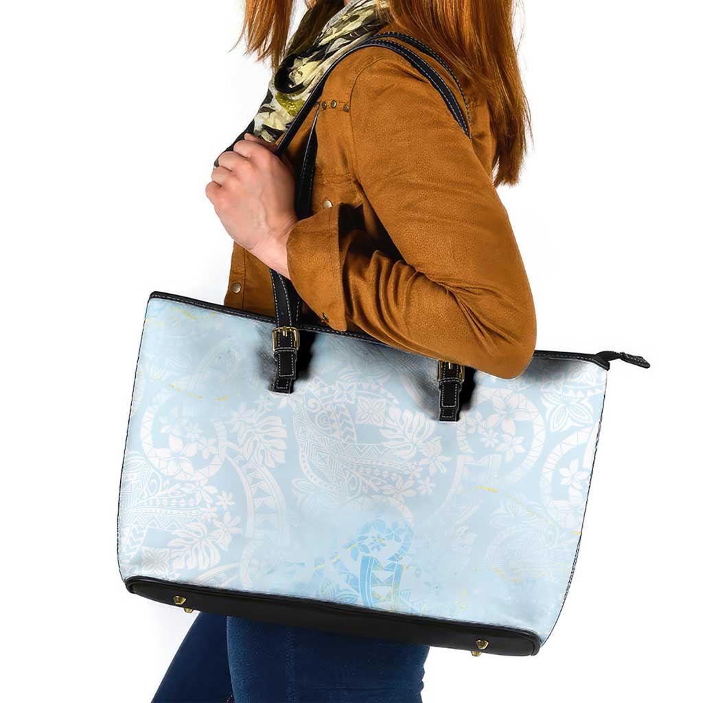 Polynesian Tiare Monstera Baby Blue Leather Tote Bag Liquid Style - Polynesian Pride