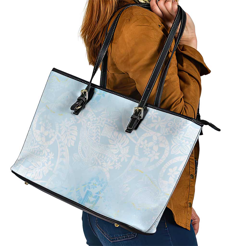 Polynesian Tiare Monstera Baby Blue Leather Tote Bag Liquid Style - Polynesian Pride